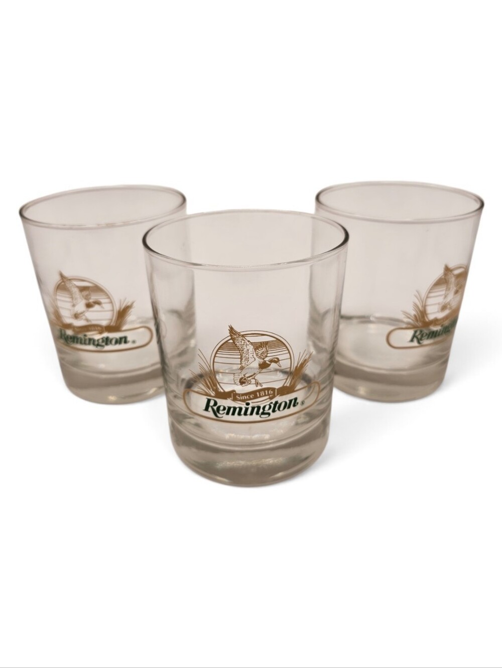 Vintage Remington Clear Glass Tumblers with Gold and Green Logo - Set of 3